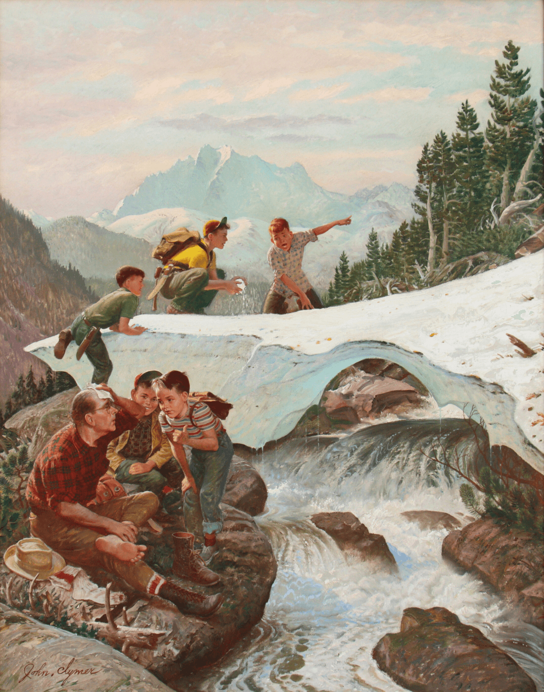 tired father with eager and energetic boys hiking up mountain